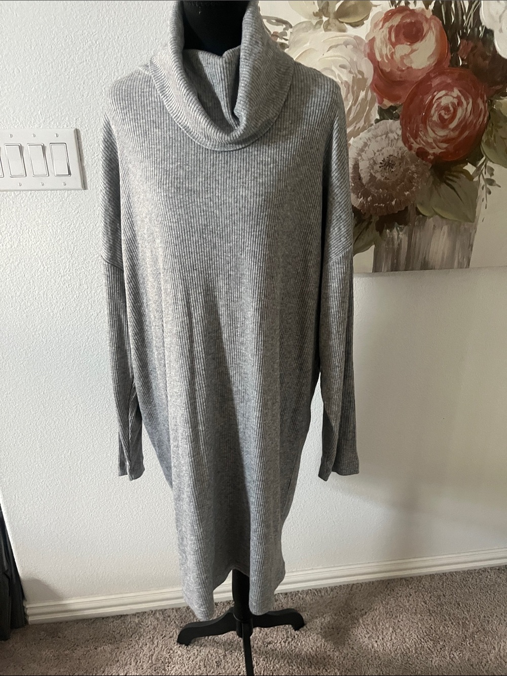 Time and Tru Light Gray Ribbed Cowl Neck Sweater Dress